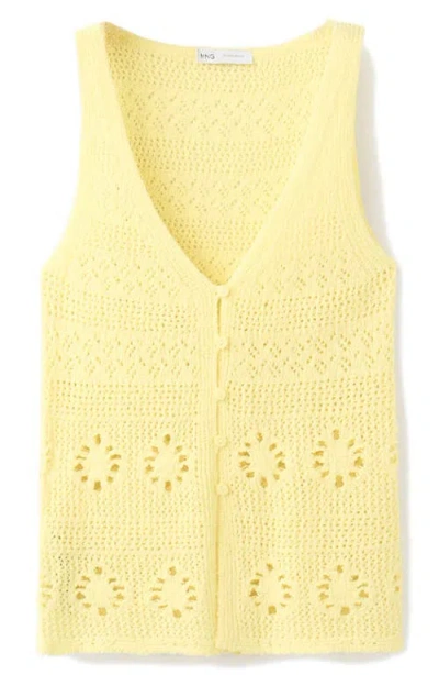 Mango Crocheted Button Front Vest In Yellow