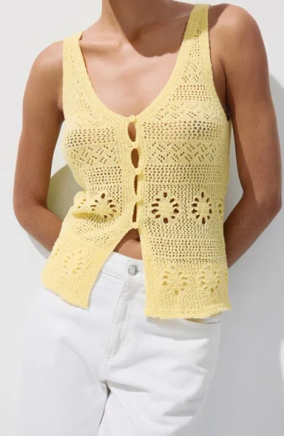 Mango Crocheted Button Front Vest In Yellow