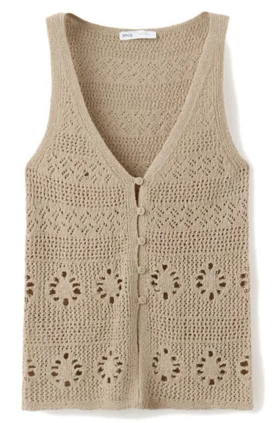 Mango Crocheted Button Front Vest In Neutral
