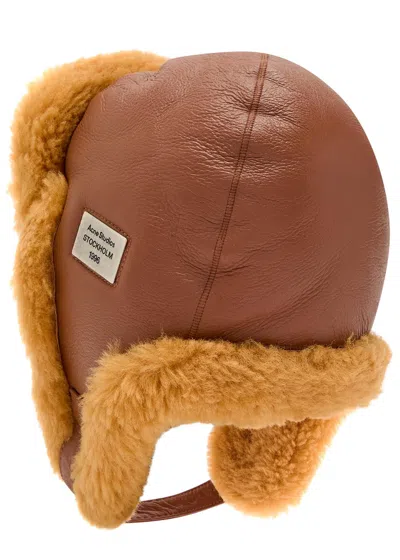 Acne Studios Shearling Leather Hat In Brown