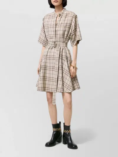 Burberry Short-sleeve Check Linen-blend Belted Mini Shirtdress In Neutral
