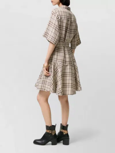 Burberry Short-sleeve Check Linen-blend Belted Mini Shirtdress In Neutral
