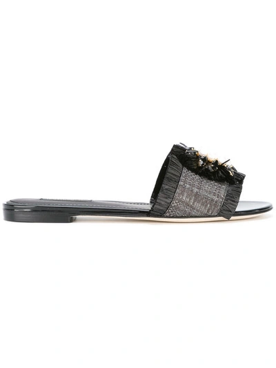 Dolce & Gabbana Woman Embellished Patent Leather-trimmed Raffia Slides Black