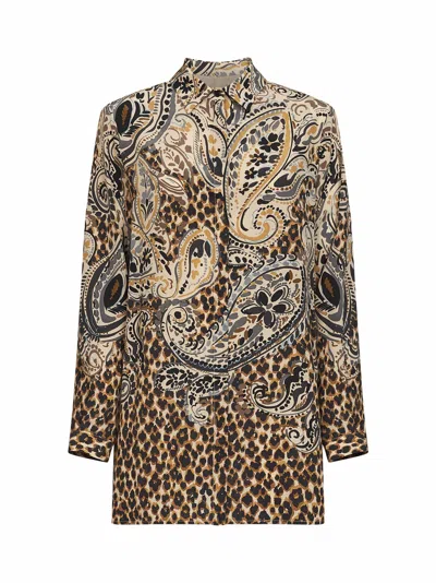 Etro Multicolor Shirt With Classic Collar And All-over Floral Animalier Silk In Multi