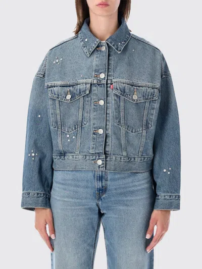Levi's Cropped Denim Jacket With Button-up Front And Rhinestone Embellishments In Blue
