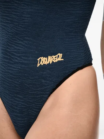 Dsquared2 로고 자수 웨이브 패턴 원피스 수영복 In Blue