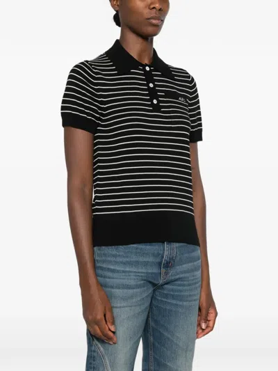 A.p.c. A. P.c. Striped Cotton Polo Shirt With Logo Front Pocket In Black