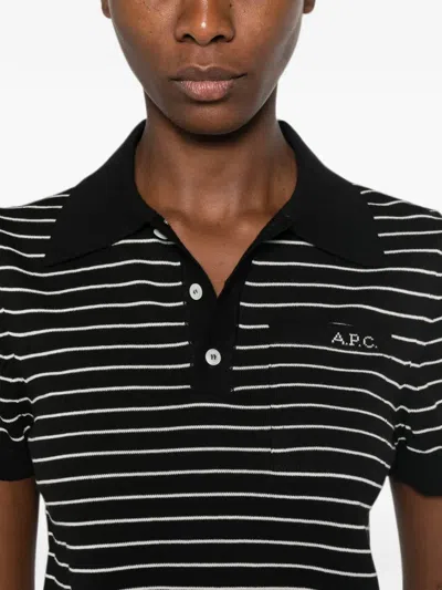 A.p.c. A. P.c. Striped Cotton Polo Shirt With Logo Front Pocket In Black