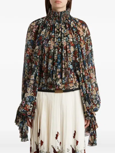 Khaite Durer Floral Silk Balloon-sleeve Peasant Top In Multi