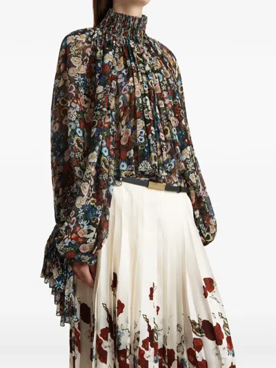 Khaite Durer Floral Silk Balloon-sleeve Peasant Top In Multi