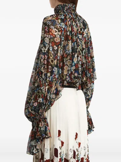 Khaite Durer Floral Silk Balloon-sleeve Peasant Top In Multi