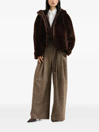 Brunello Cucinelli Shearling Outerwear Jacket With Shiny Zipper Pull In Brown
