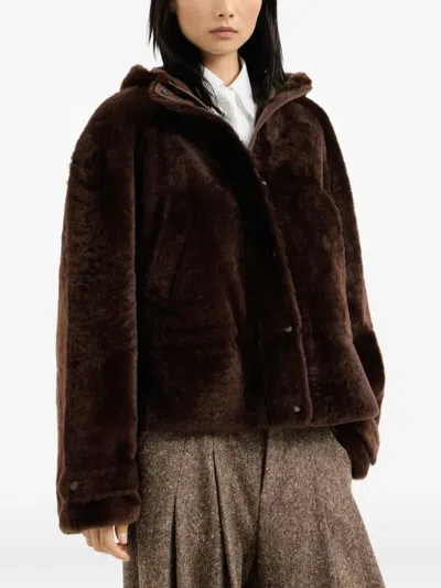 Brunello Cucinelli Shearling Outerwear Jacket With Shiny Zipper Pull In Brown