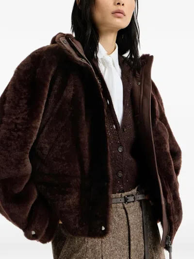 Brunello Cucinelli Shearling Outerwear Jacket With Shiny Zipper Pull In Brown