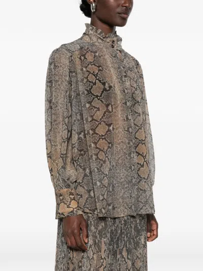 Ermanno Firenze 러플 스네이크 프린트 셔츠 In Brown