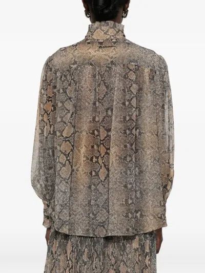 Ermanno Firenze 러플 스네이크 프린트 셔츠 In Brown
