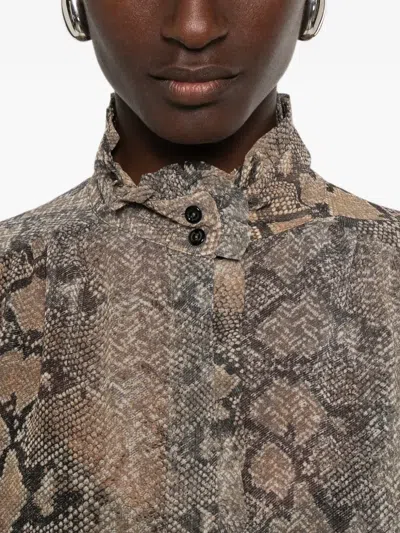 Ermanno Firenze 러플 스네이크 프린트 셔츠 In Brown