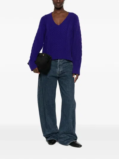 Bompard 케이블 니트 V넥 스웨터 In Purple