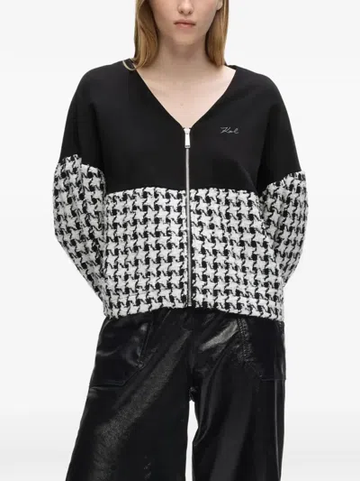 Karl Lagerfeld Houndstooth Panel Zip-up Sweatshirt In Black