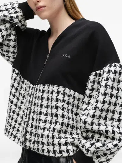 Karl Lagerfeld Houndstooth Panel Zip-up Sweatshirt In Black