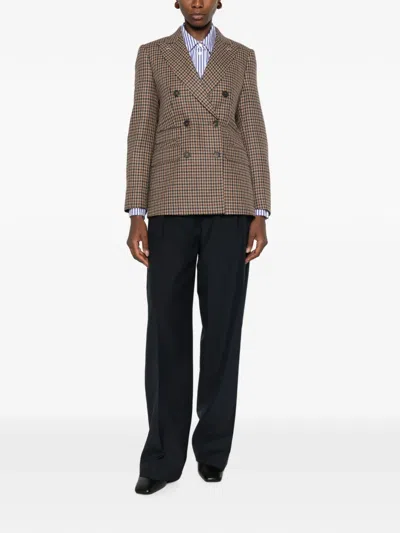 Max Mara Houndstooth T-shirt Jacket Double-breasted Lined Wool-blend In Brown