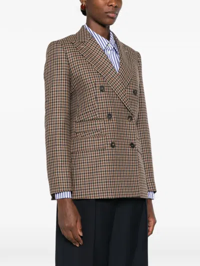 Max Mara Houndstooth T-shirt Jacket Double-breasted Lined Wool-blend In Brown