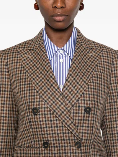 Max Mara Houndstooth T-shirt Jacket Double-breasted Lined Wool-blend In Brown