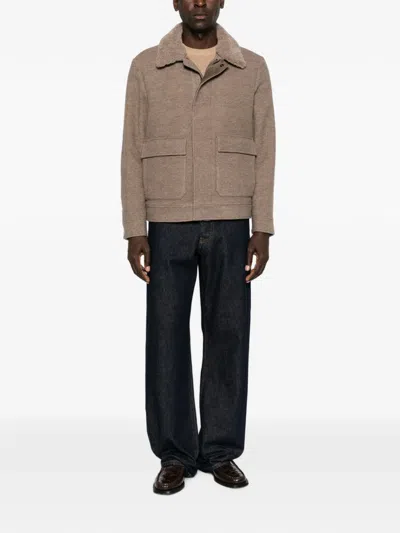 Canali Shearling-collar Patch-pocket Jacket In Brown