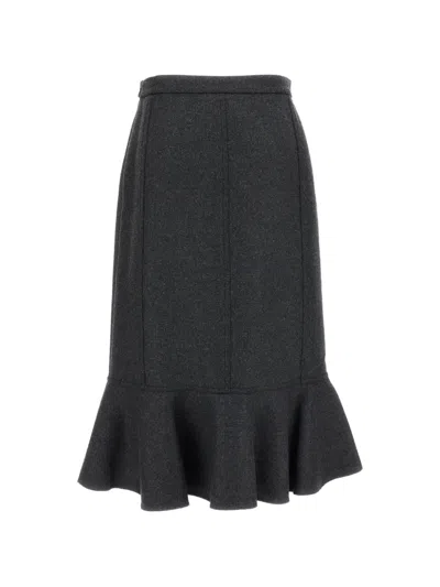Plan C Grey Double Wool Ruffled Midi Skirt In Black