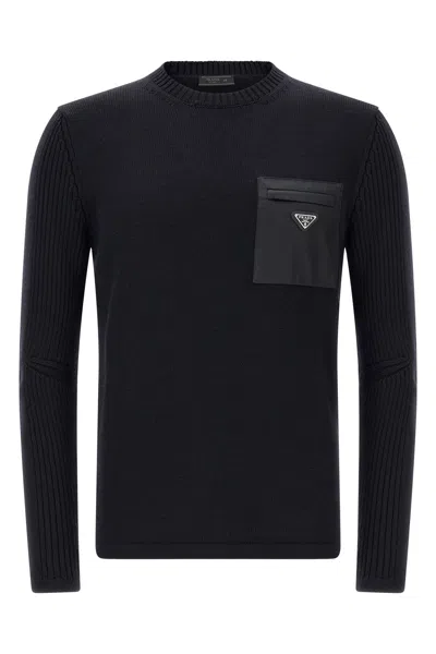 Prada Knit Top Long Sleeves Chest Pocket Ribbed In Black