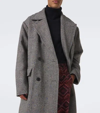 Dries Van Noten Double-breasted Grey Wool Coat With Multicolored Check Pattern In Gray