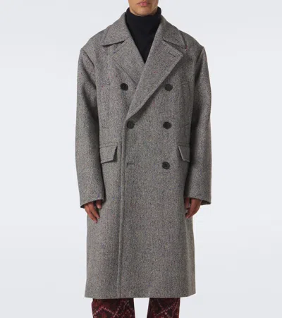 Dries Van Noten Double-breasted Grey Wool Coat With Multicolored Check Pattern In Gray