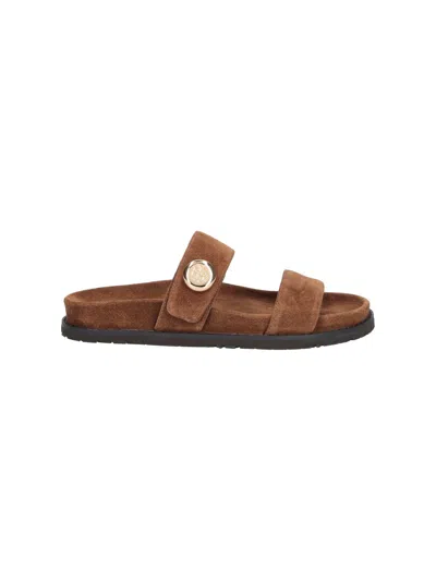 Tory Burch Romy Brown Sandals With Logo Plaque On The Front In Suede Woman In Brown
