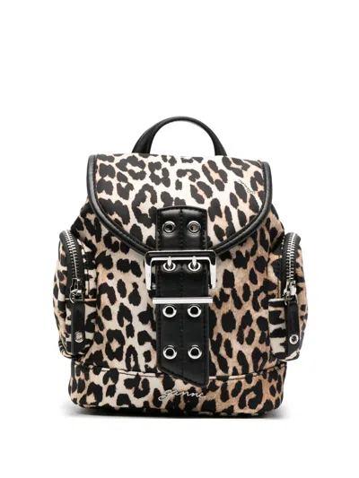 Ganni Mini Leopard Print Drawstring Backpack With Side Zip Pockets In Marrone