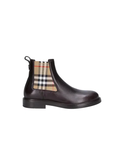 Burberry Check Pattern Ankle Boots Pull Tab Round Toe In Blue