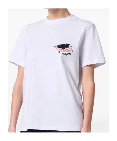 Msgm Embroidered Cat T-shirt In White