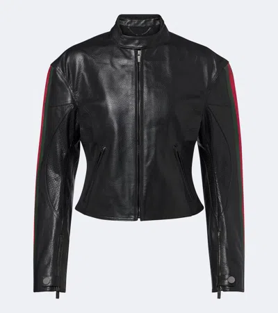 Gucci Web Stripe Leather Biker Jacket In Black
