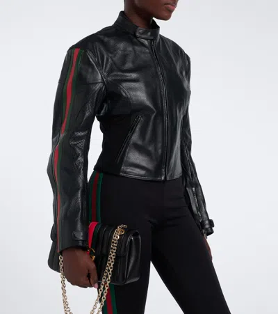Gucci Web Stripe Leather Biker Jacket In Black