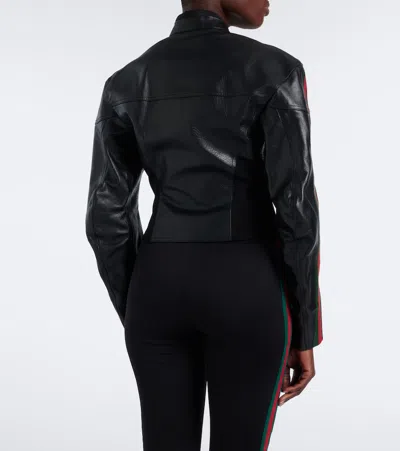 Gucci Web Stripe Leather Biker Jacket In Black