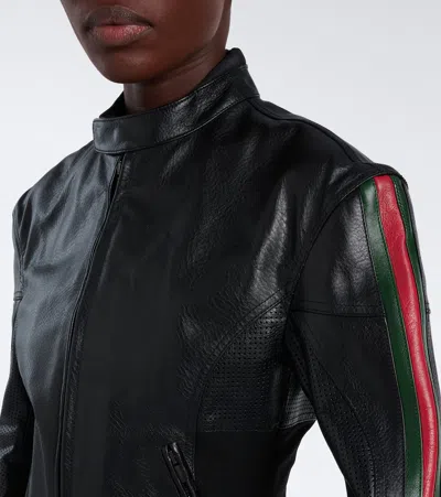 Gucci Web Stripe Leather Biker Jacket In Black