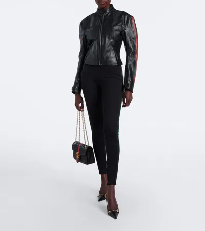 Gucci Web Stripe Leather Biker Jacket In Black