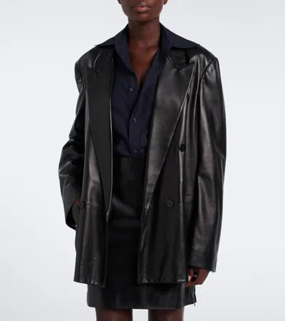 Gucci Leather Oversized Double-breasted Blazer In Black
