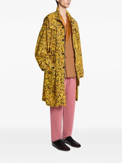 Dries Van Noten Yellow Oversized Printed Parka Coat In Multi