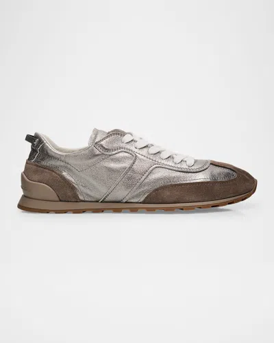 Brunello Cucinelli Monili Pull-tab Crinkle-effect Leather Low-top Sneakers In Silver