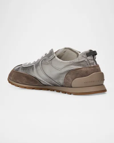Brunello Cucinelli Monili Pull-tab Crinkle-effect Leather Low-top Sneakers In Silver