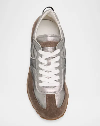 Brunello Cucinelli Monili Pull-tab Crinkle-effect Leather Low-top Sneakers In Silver