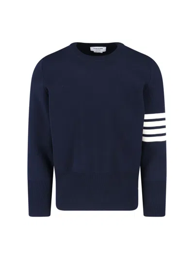 Thom Browne Blue Crewneck Swwater With 4-bar On The Sleeve And Ribbed Trims In Wool Man In Blue