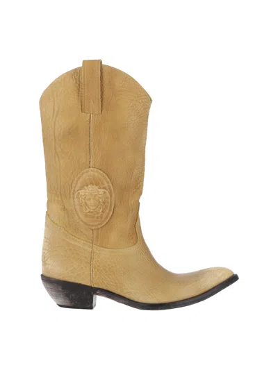 Versace Mid Calf Boots Embossed Detail Pull Tabs In Brown