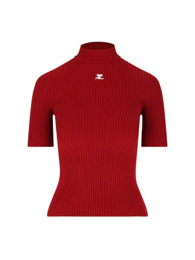 Courrèges Reedition Knit Mock Neck Short Sleeve Top In Red