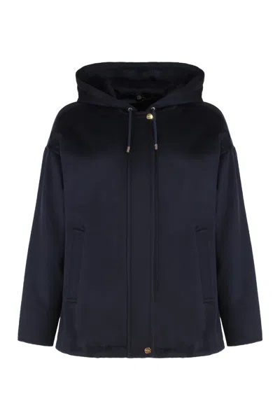 Max Mara Studio Wool Blend Quilted-lining Zip Sweater Jacket With Pockets In Blue